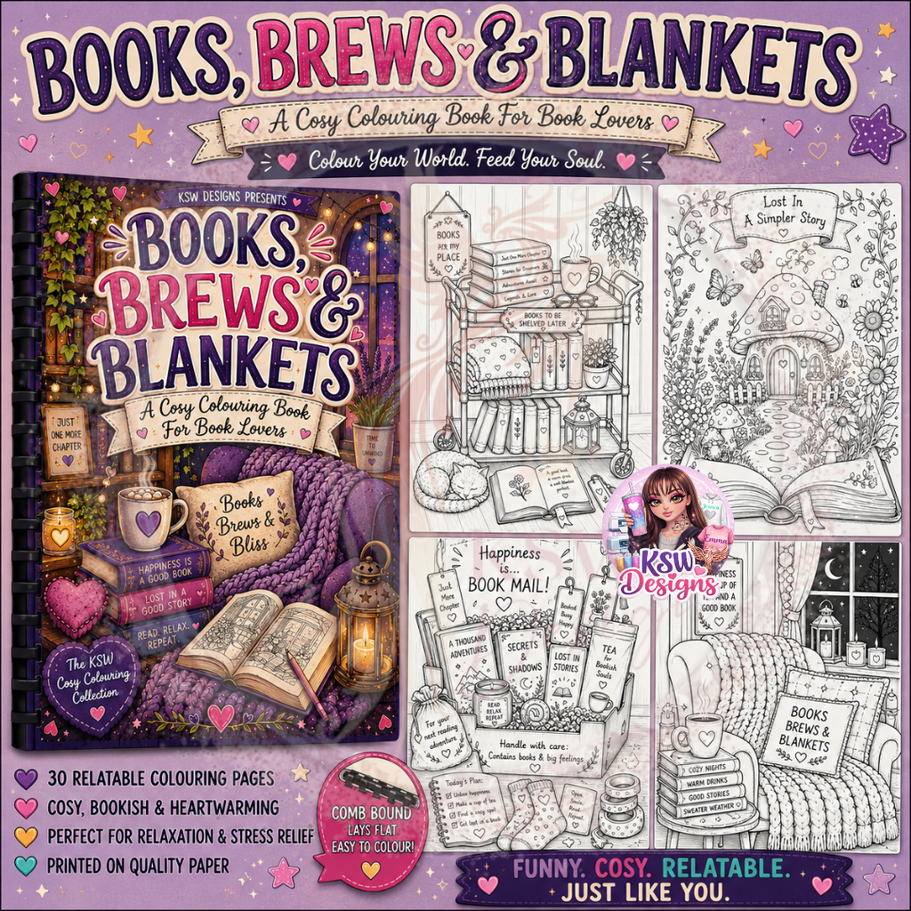 Books, Brews & Blankets A4 colouring book featuring 30 cosy colouring pages inspired by reading, books, blankets and warm drinks.