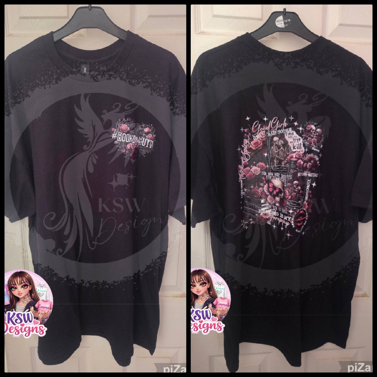 Black hoodie with a small #BOOKS&RUIN floral chest print and large dark romance back design featuring skeleton imagery, books, pink and red roses and collage details.