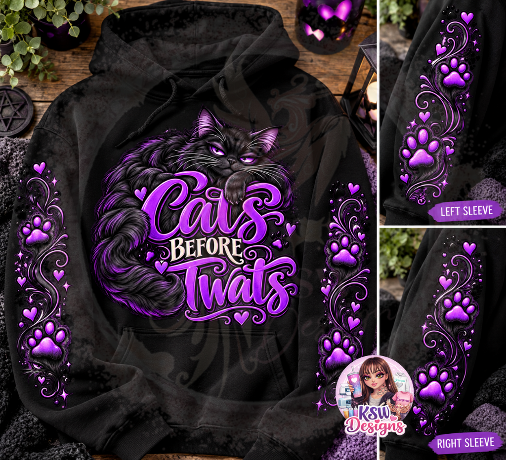 Black Cats Before Twats hoodie featuring a purple and black cat illustration on the front, with matching purple paw prints, hearts and decorative swirls on both sleeves.