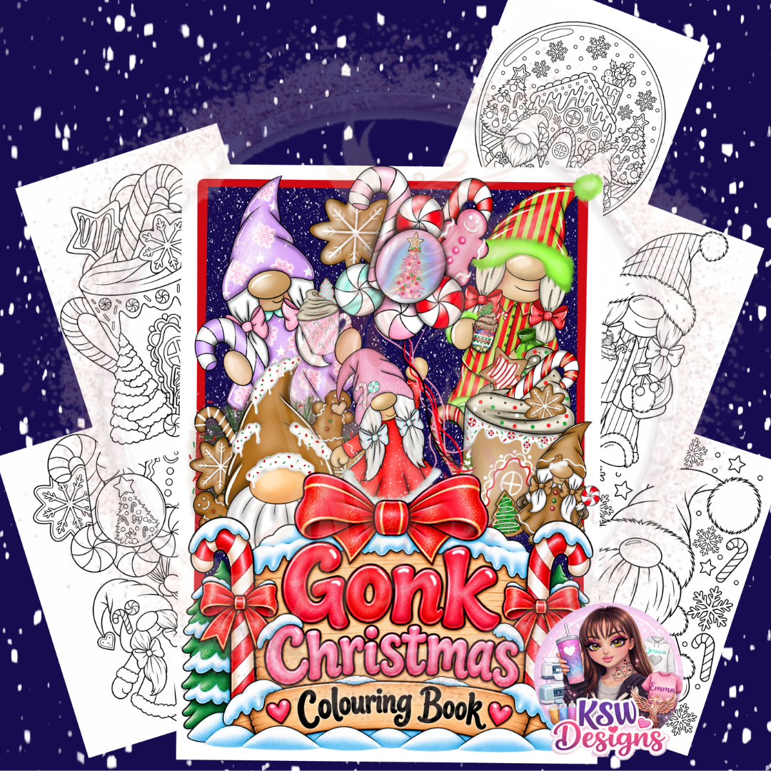 A4 Christmas Gonk Colouring Book featuring colourful festive gonks, candy canes, gingerbread and Christmas decorations on the cover, surrounded by black and white sample colouring pages.