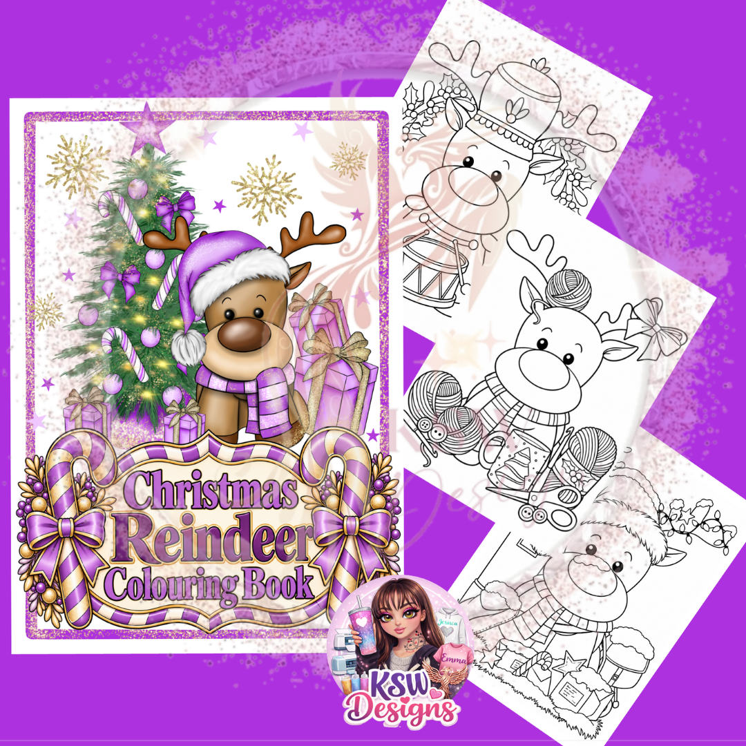 Christmas Reindeer Colouring Book cover featuring a cute reindeer in a purple Santa hat beside a decorated Christmas tree and presents, with three sample black-and-white reindeer colouring pages.