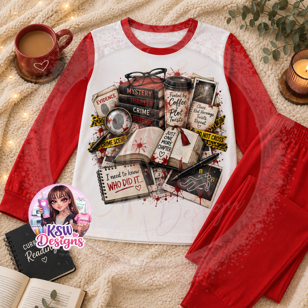 Crime and thriller bookish adult pyjama set featuring mystery books, crime scene tape, fingerprints, evidence, coffee and Just One More Chapter design shown on red block pyjamas