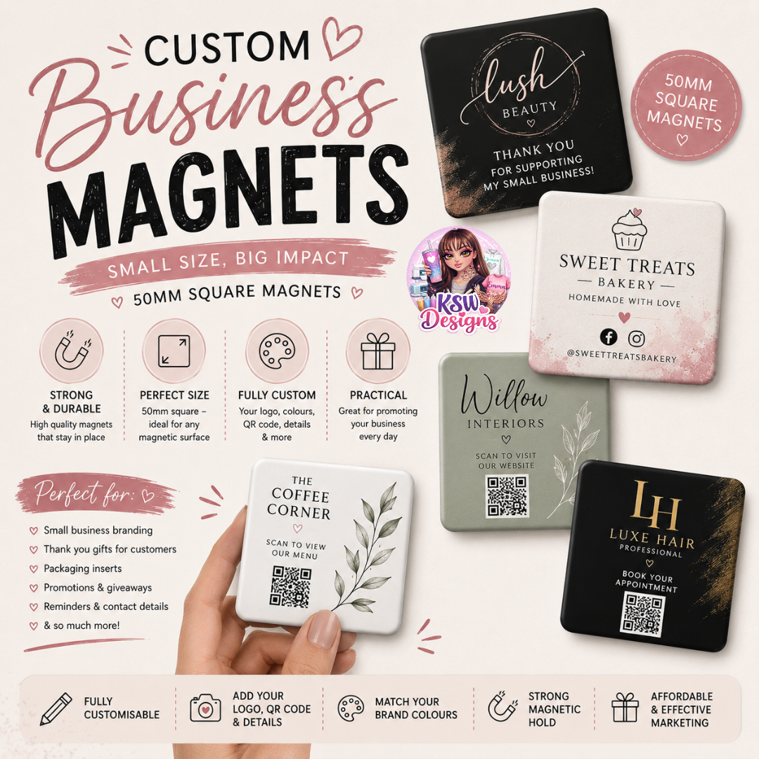 Custom business magnets personalised with logos, QR codes and branding for small business marketing and promotions.