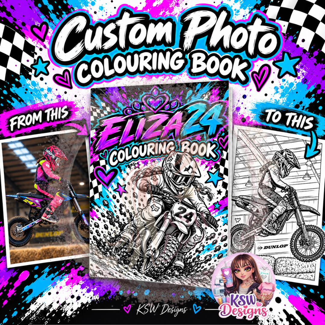 Custom A4 photo colouring book by KSW Designs, showing Eliza's motocross photograph transformed into a black-and-white colouring page alongside her personalised ES24 book cover.
