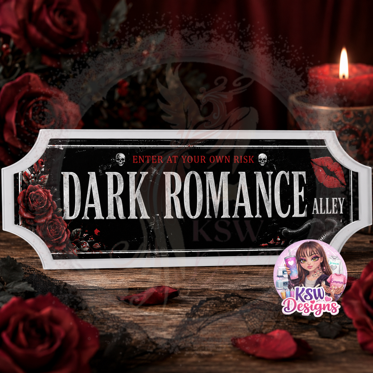 Dark Romance Alley acrylic shelf sign featuring gothic roses, skulls and dark romance themed artwork for bookshelves and reading nooks.
