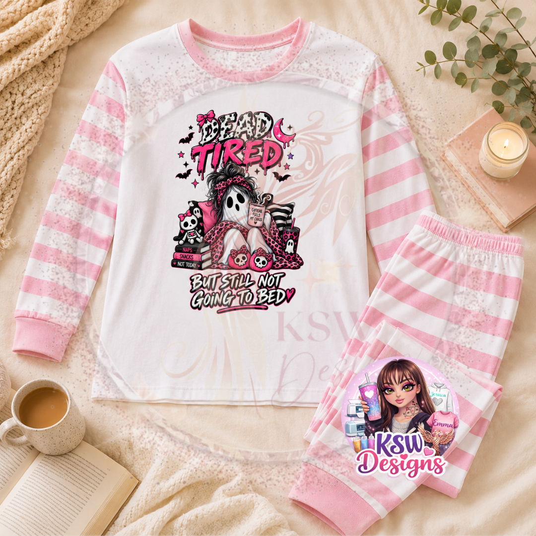 Dead Tired But Still Not Going To Bed cute spooky adult pyjama set with ghost design shown on pink striped pyjamas