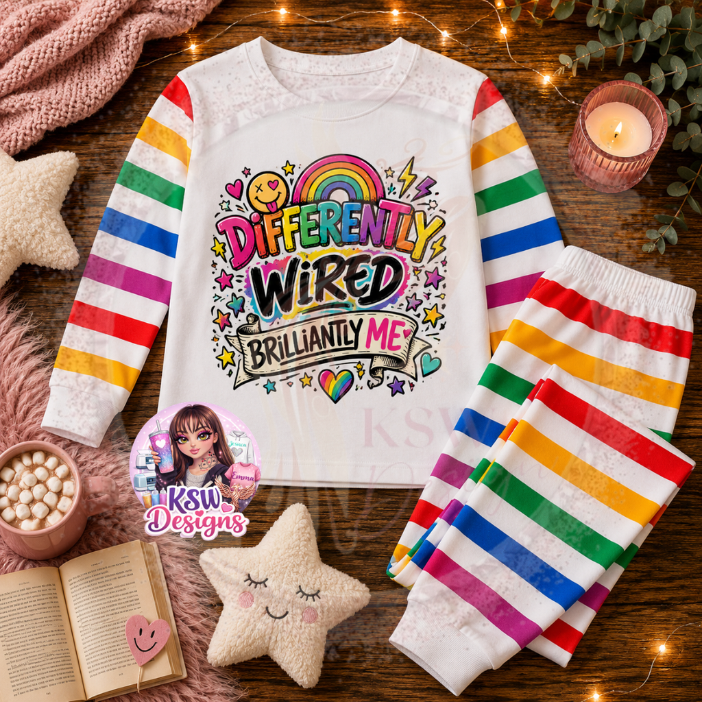 Differently Wired Brilliantly Me adult pyjama set shown with bright rainbow striped sleeves and matching bottoms