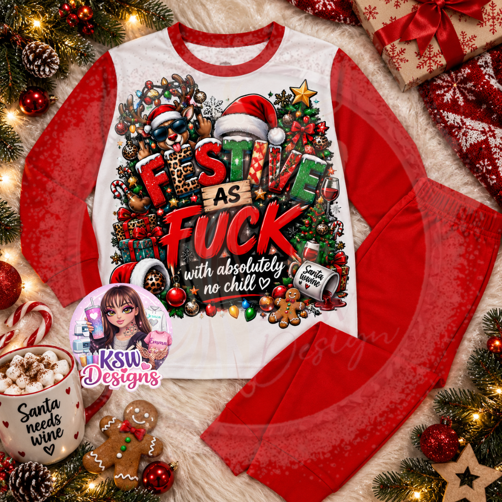 Festive As Fuck with absolutely no chill adult Christmas pyjama set featuring reindeer, Christmas trees, presents, gingerbread and festive decorations shown on red block pyjamas