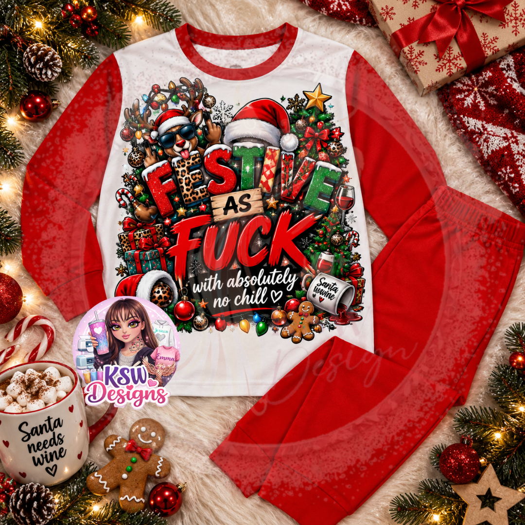 Festive As Fuck with absolutely no chill adult Christmas pyjama set featuring reindeer, Christmas trees, presents, gingerbread and festive decorations shown on red block pyjamas