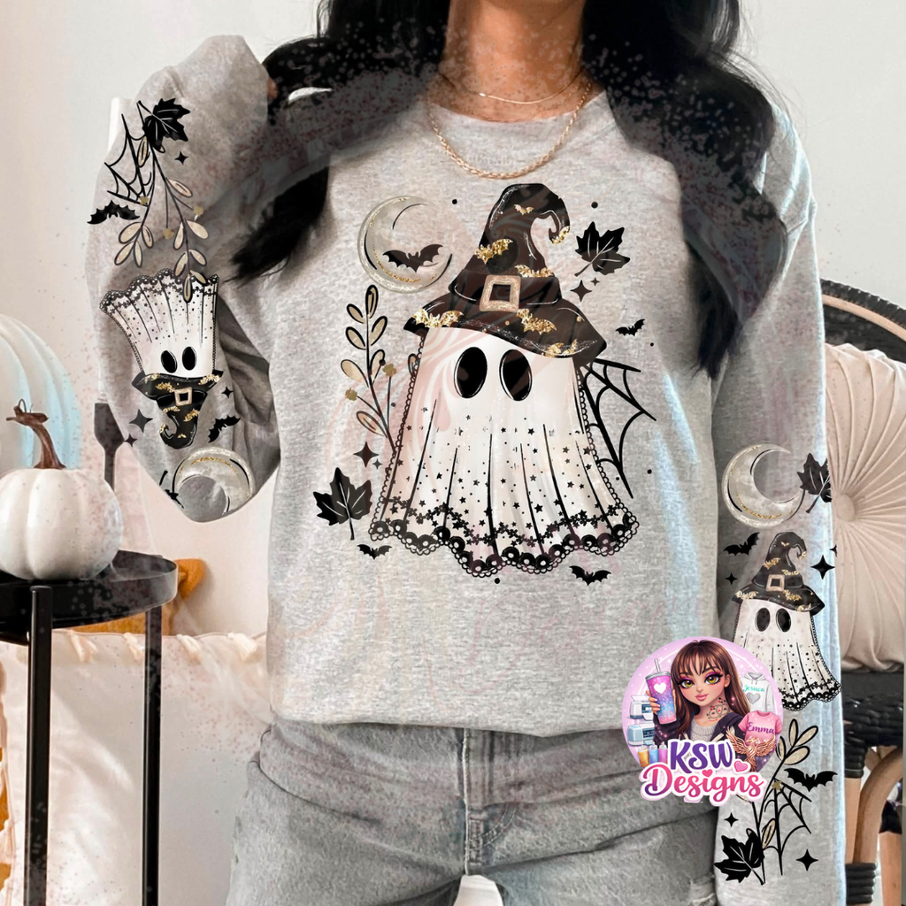 Ghost Witch Halloween hoodie featuring a cute ghost in a witch hat with crescent moons, bats, spider webs, autumn leaves and coordinating spooky sleeve designs.