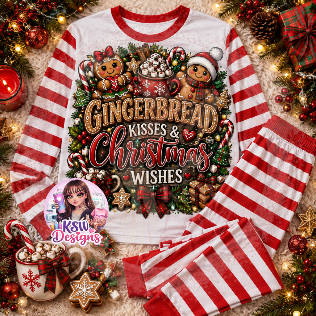 Gingerbread Kisses and Christmas Wishes adult Christmas pyjama set featuring gingerbread characters, candy canes, hot chocolate, marshmallows and festive decorations shown on red striped pyjamas