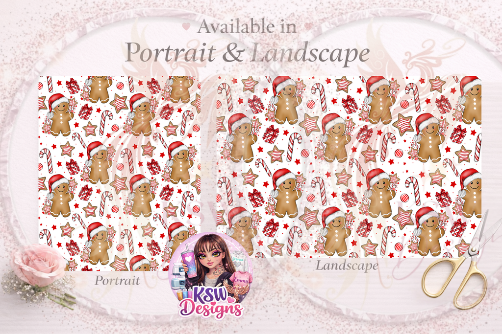 Side-by-side comparison of Gingerbread Wishes Version 1 A3 Christmas wrapping paper in portrait and landscape, featuring smiling gingerbread characters, candy canes, iced star biscuits and red Christmas presents.