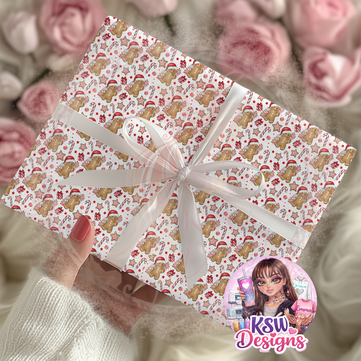 Christmas present wrapped in Gingerbread Wishes Version 2 A3 wrapping paper featuring small smiling gingerbread characters in Santa hats, candy canes, iced star biscuits and red festive presents, finished with a white ribbon.