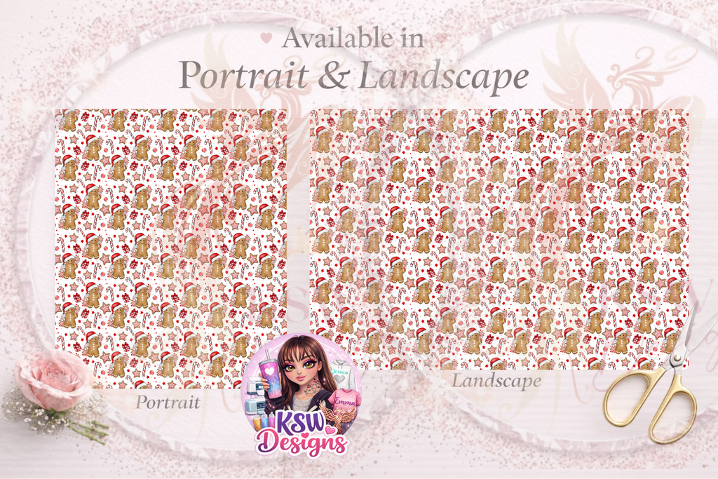 Side-by-side comparison of Gingerbread Wishes Version 2 A3 Christmas wrapping paper in portrait and landscape, featuring a smaller repeating pattern of smiling gingerbread characters in Santa hats, candy canes, iced star biscuits and Christmas presents.
