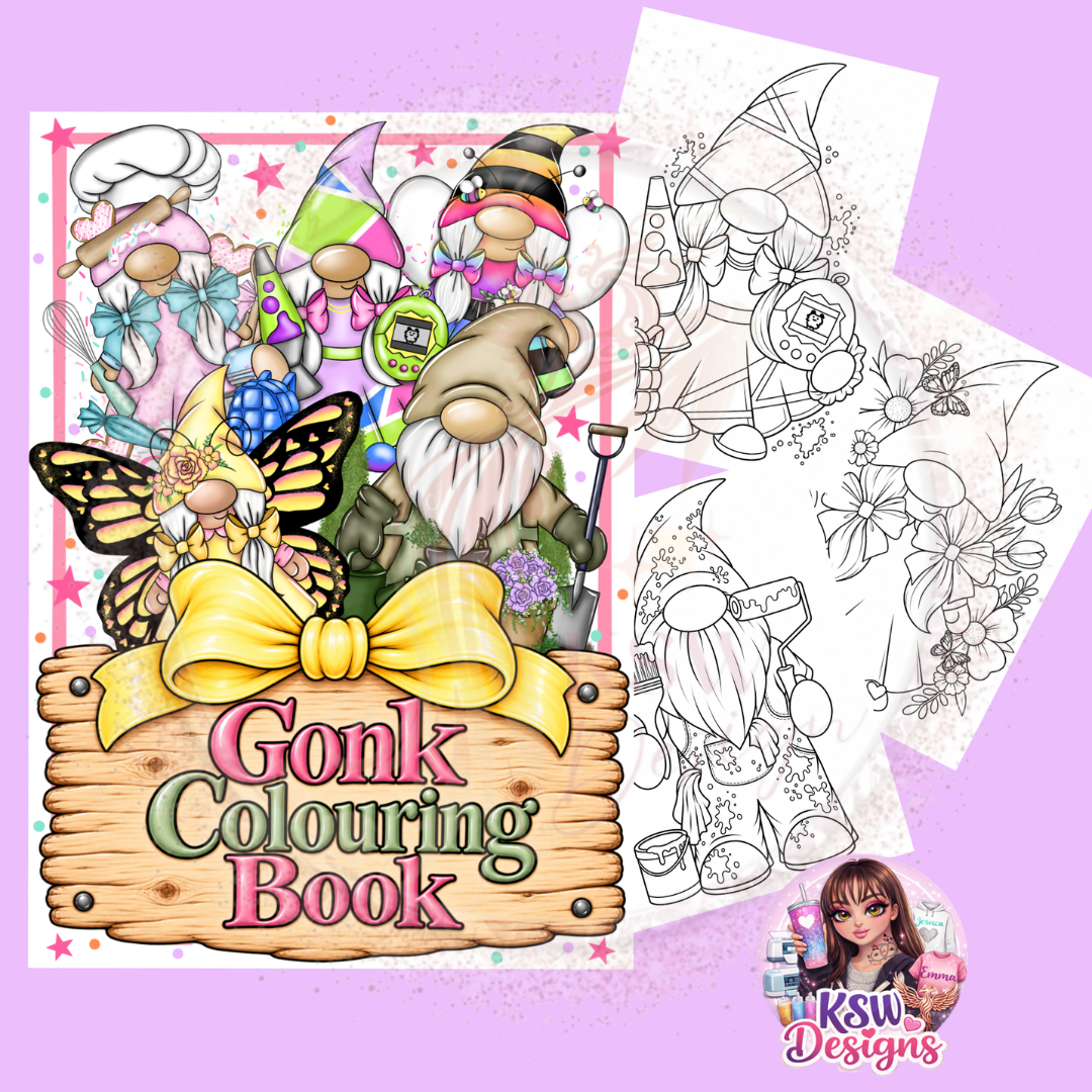 A4 Gonk Colouring Book by KSW Designs featuring colourful gonks with bows, hats and flowers on the cover, alongside black and white sample colouring pages.