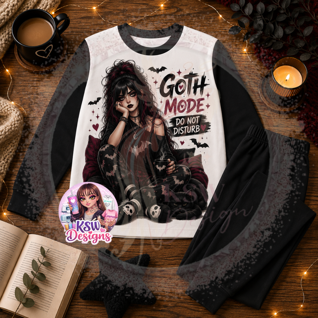 Goth Mode Do Not Disturb adult pyjama set featuring a gothic woman with black cat, bats and burgundy details shown on black block pyjamas