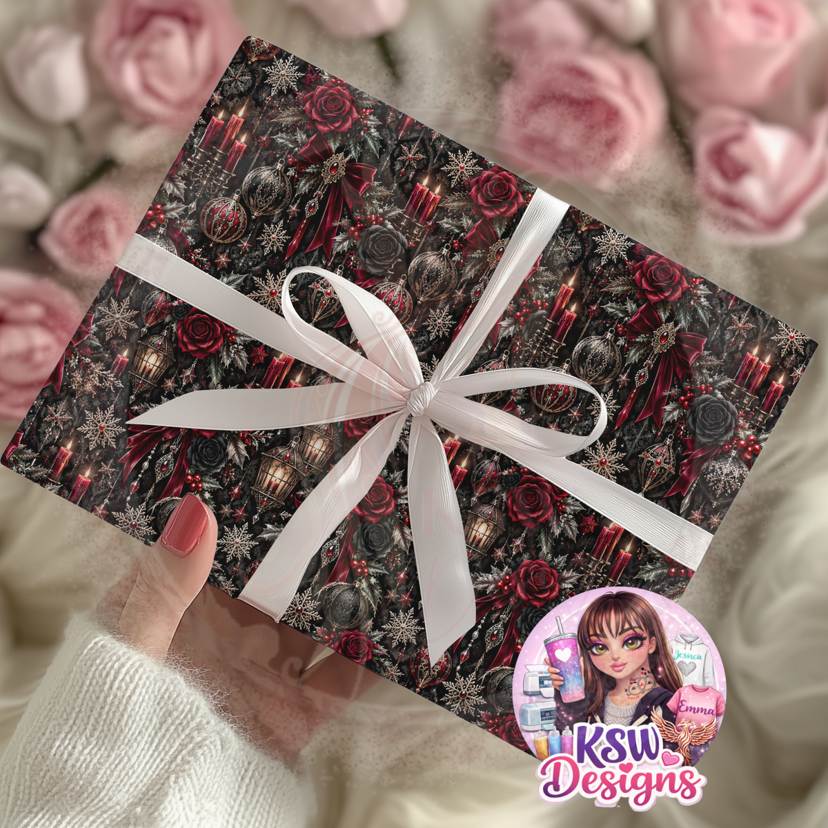 Christmas gift wrapped in dark gothic floral paper featuring burgundy roses, black flowers, red candles, ornate baubles and snowflakes, tied with a white ribbon.