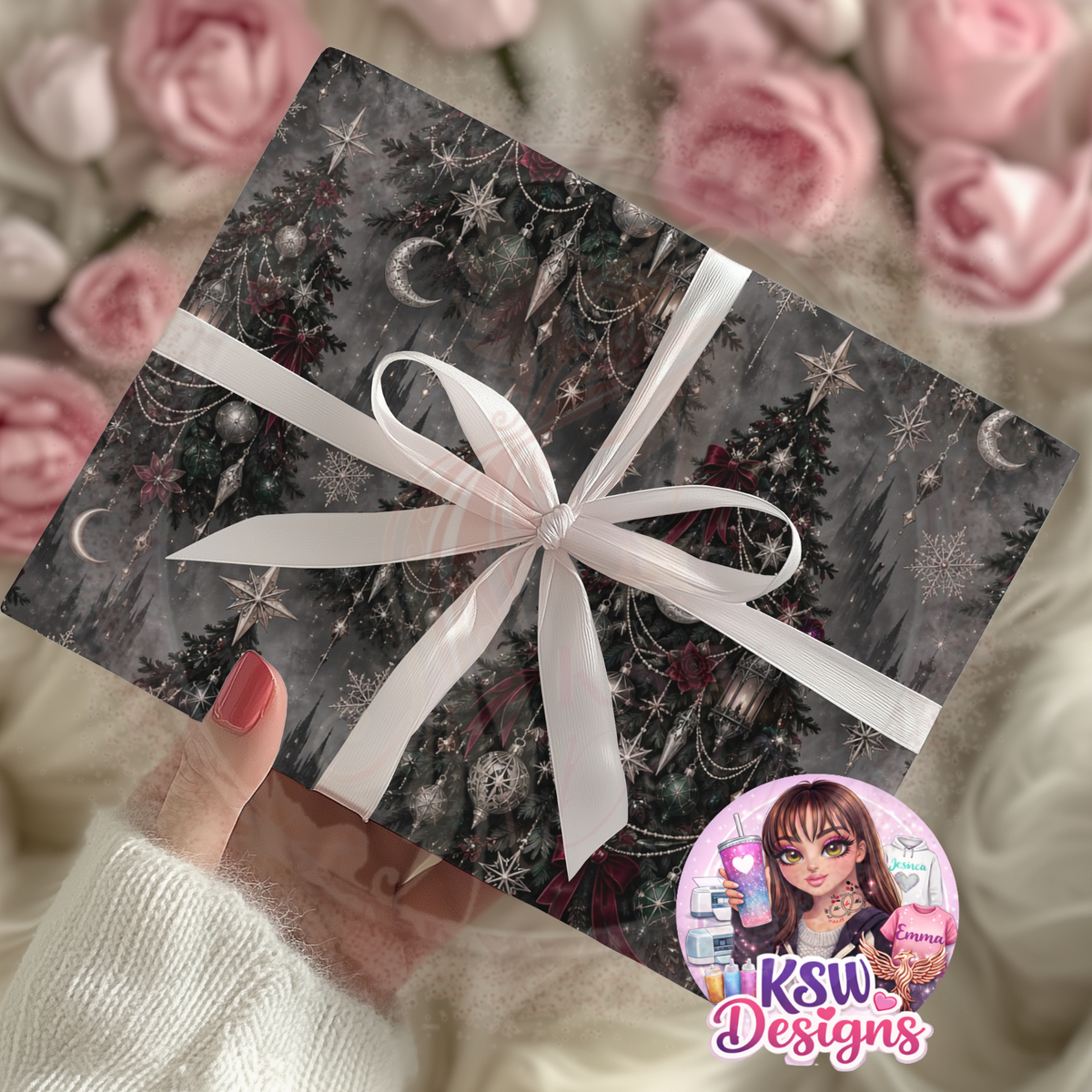 Christmas present wrapped in dark gothic paper featuring decorated evergreen trees, silver crescent moons, stars, snowflakes and burgundy bows, finished with a white ribbon.