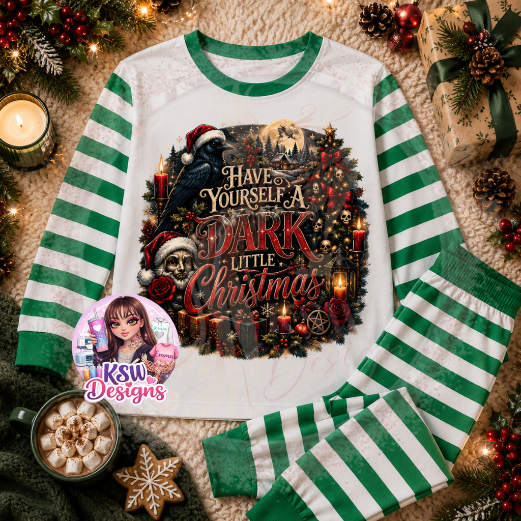 Have Yourself A Dark Little Christmas adult gothic Christmas pyjama set featuring raven, skulls, dark Christmas tree, candles and roses shown on green striped pyjamas