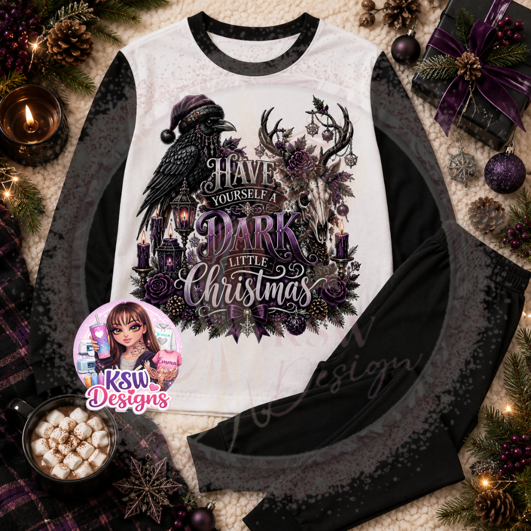 Have Yourself A Dark Little Christmas gothic adult pyjama set featuring a black raven, decorated skull, purple roses, candles and lanterns shown on black block pyjamas