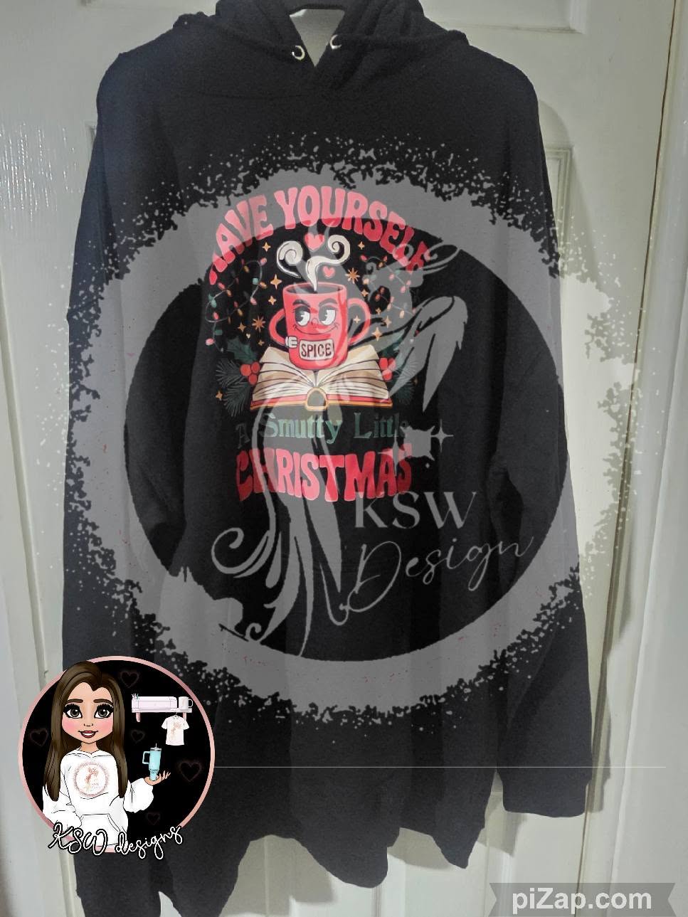 Have Yourself a Smutty Little Christmas hoodie featuring an open book, festive details and a red mug labelled Spice for dark romance and spicy book readers.