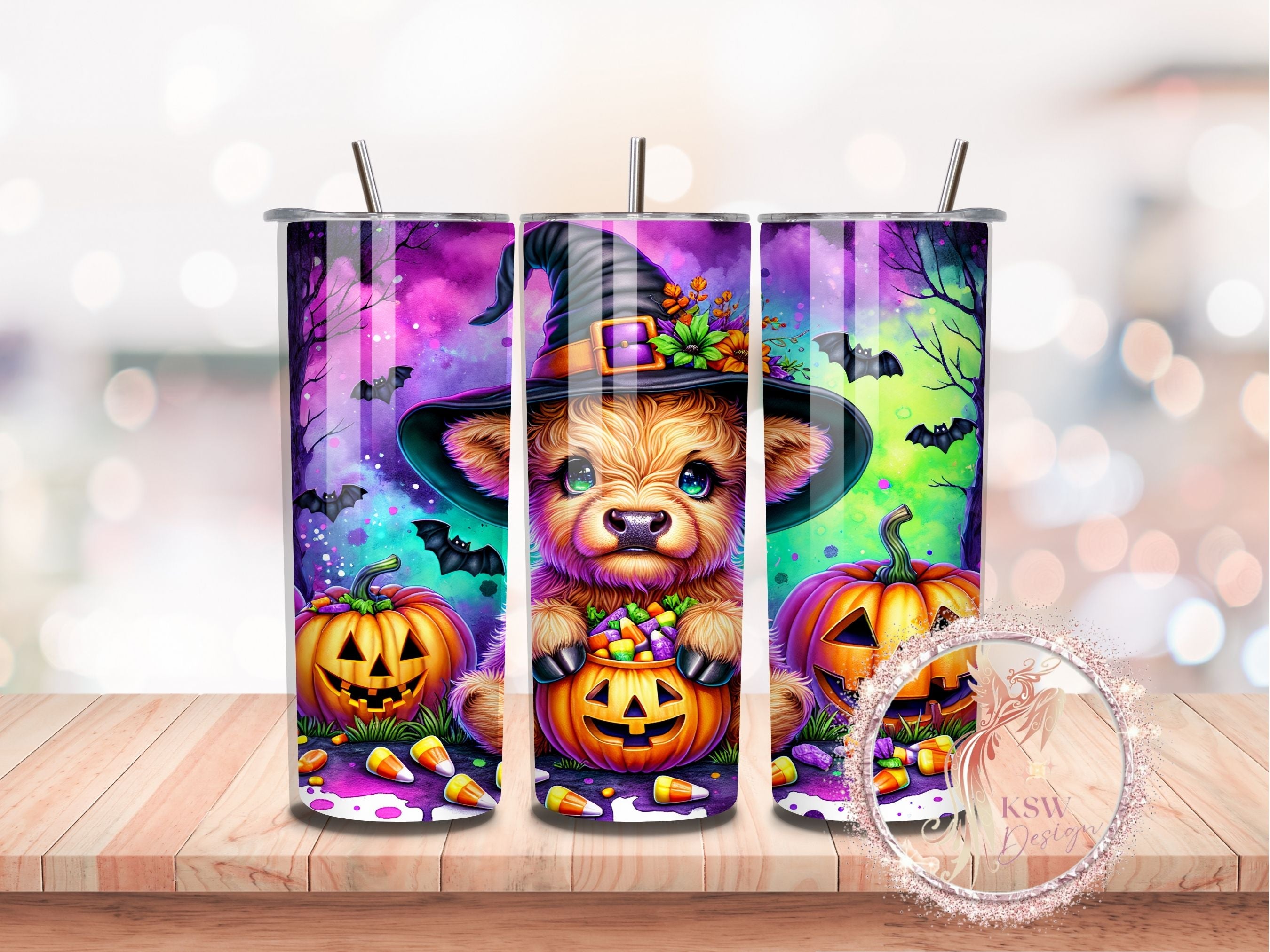 Three colorful tumblers with Halloween-themed designs featuring a bear and pumpkins on a wooden surface.