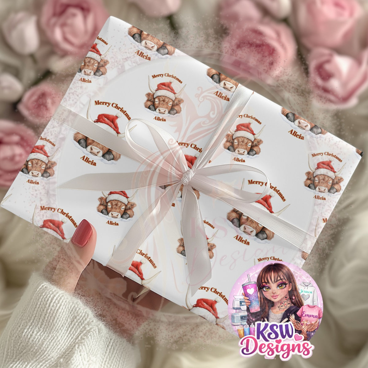 Personalised Highland cow Christmas wrapping paper featuring a sleepy ginger Highland cow wearing a red Santa hat, Merry Christmas wording and the example name Alicia, shown on a wrapped present with a white ribbon.