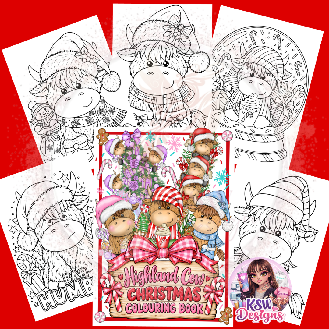 A4 Highland Cow Christmas Colouring Book with colourful festive Highland cows on the cover, surrounded by black and white colouring pages featuring Santa hats, winter scarves, Christmas gifts and a snow globe.