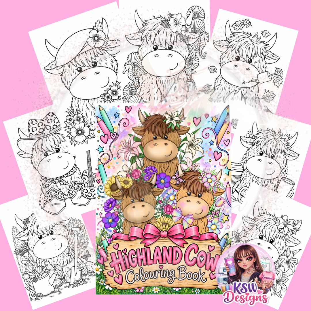 A4 Highland Cow Colouring Book featuring three adorable fluffy Highland cows surrounded by colourful flowers, butterflies and a pink bow, displayed alongside black and white sample colouring pages.