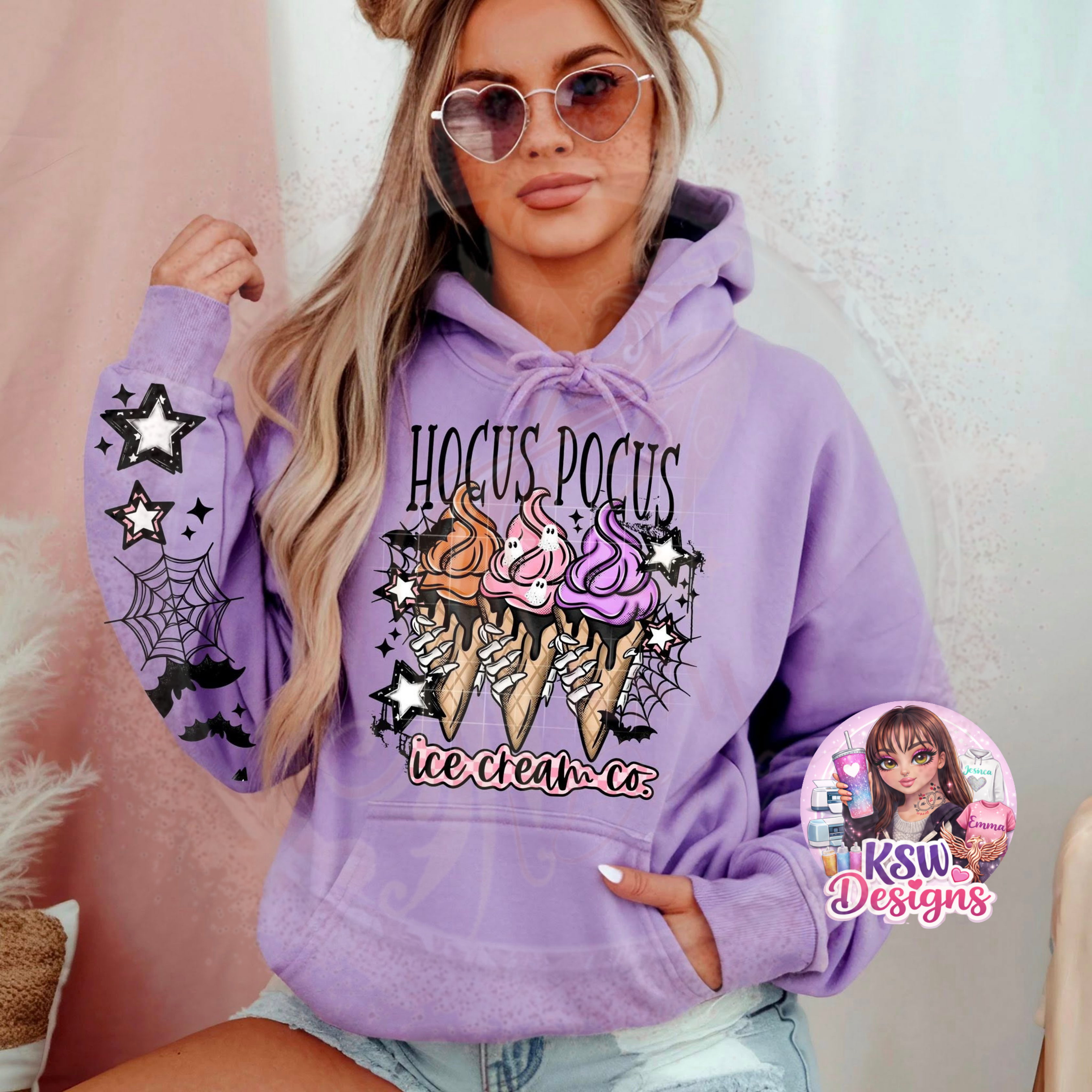 Hocus Pocus Ice Cream Co hoodie featuring ghost ice cream cones, bats, spiderwebs and spooky Summerween artwork with matching sleeve design