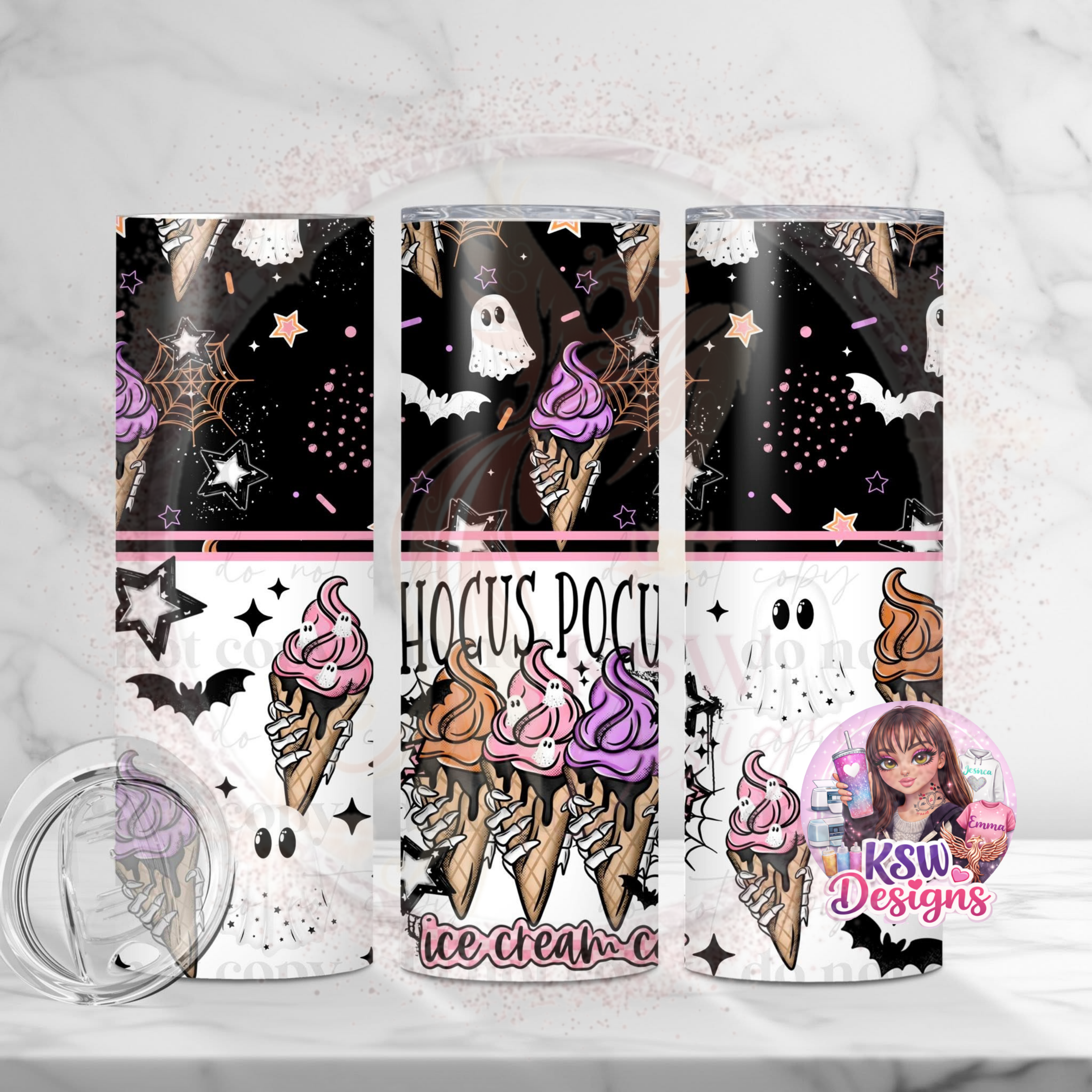 Hocus Pocus Ice Cream Co 20oz stainless steel tumbler featuring ghost ice cream cones, bats and spooky Summerween artwork.