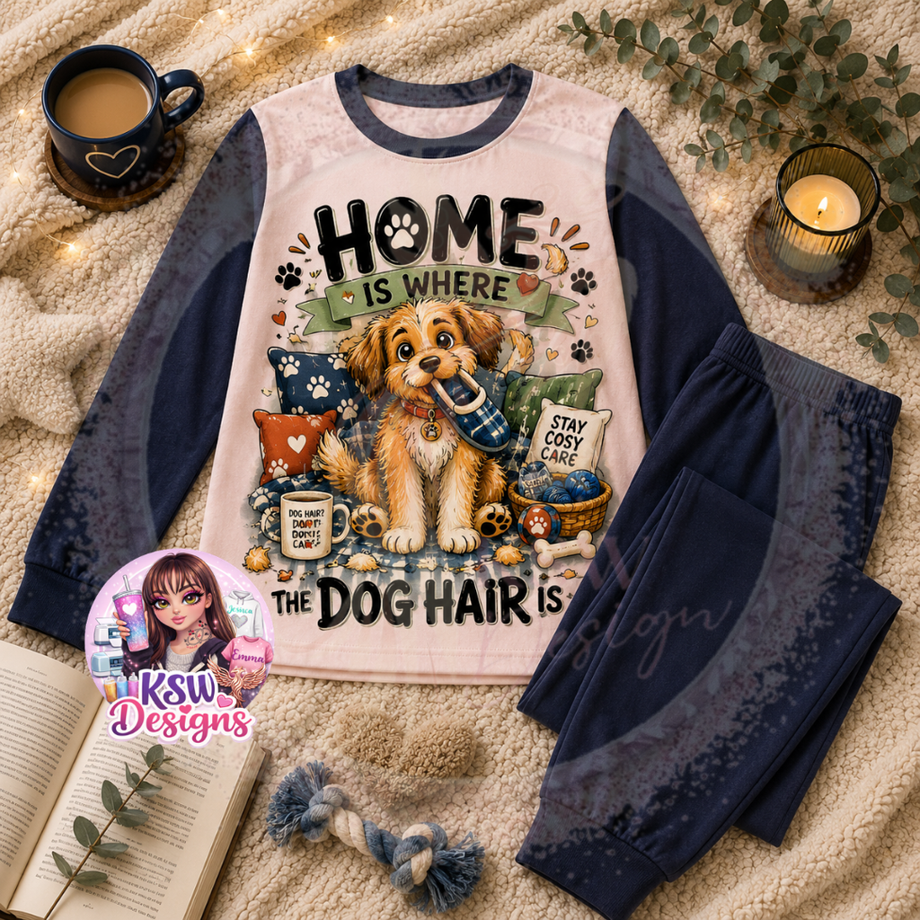 Home Is Where The Dog Hair Is adult dog lover pyjama set featuring a cute cartoon dog, paw prints, cushions and dog toys shown on navy block pyjamas