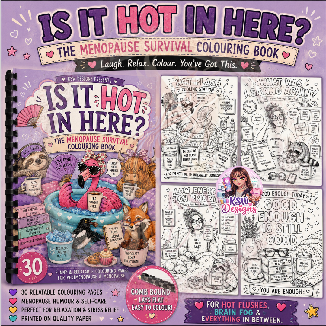 A4 comb-bound menopause colouring book featuring 30 humorous and relatable colouring pages for women experiencing perimenopause and menopause.