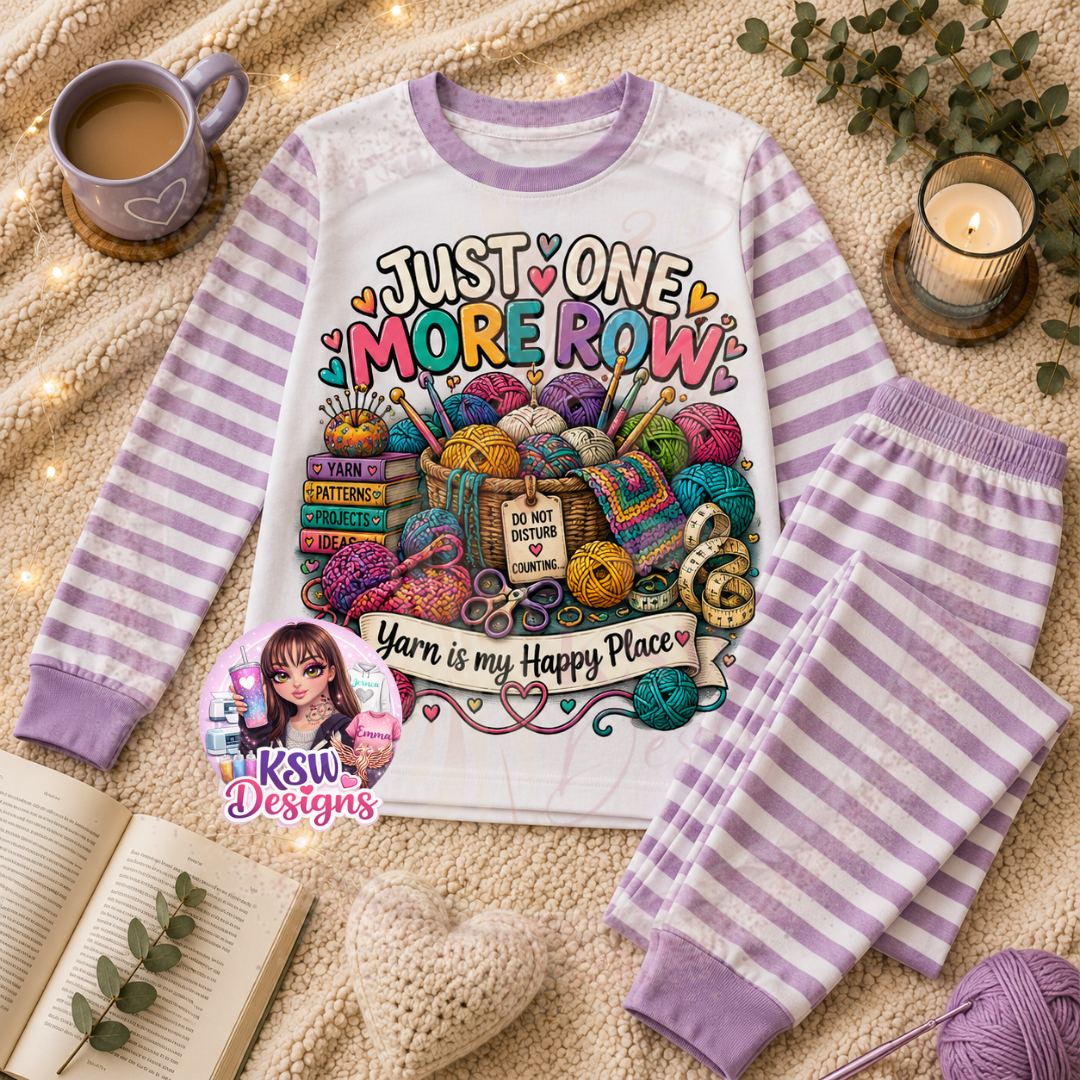 Just One More Row adult pyjama set with colourful yarn, knitting and crochet design shown on lilac stripe pyjamas