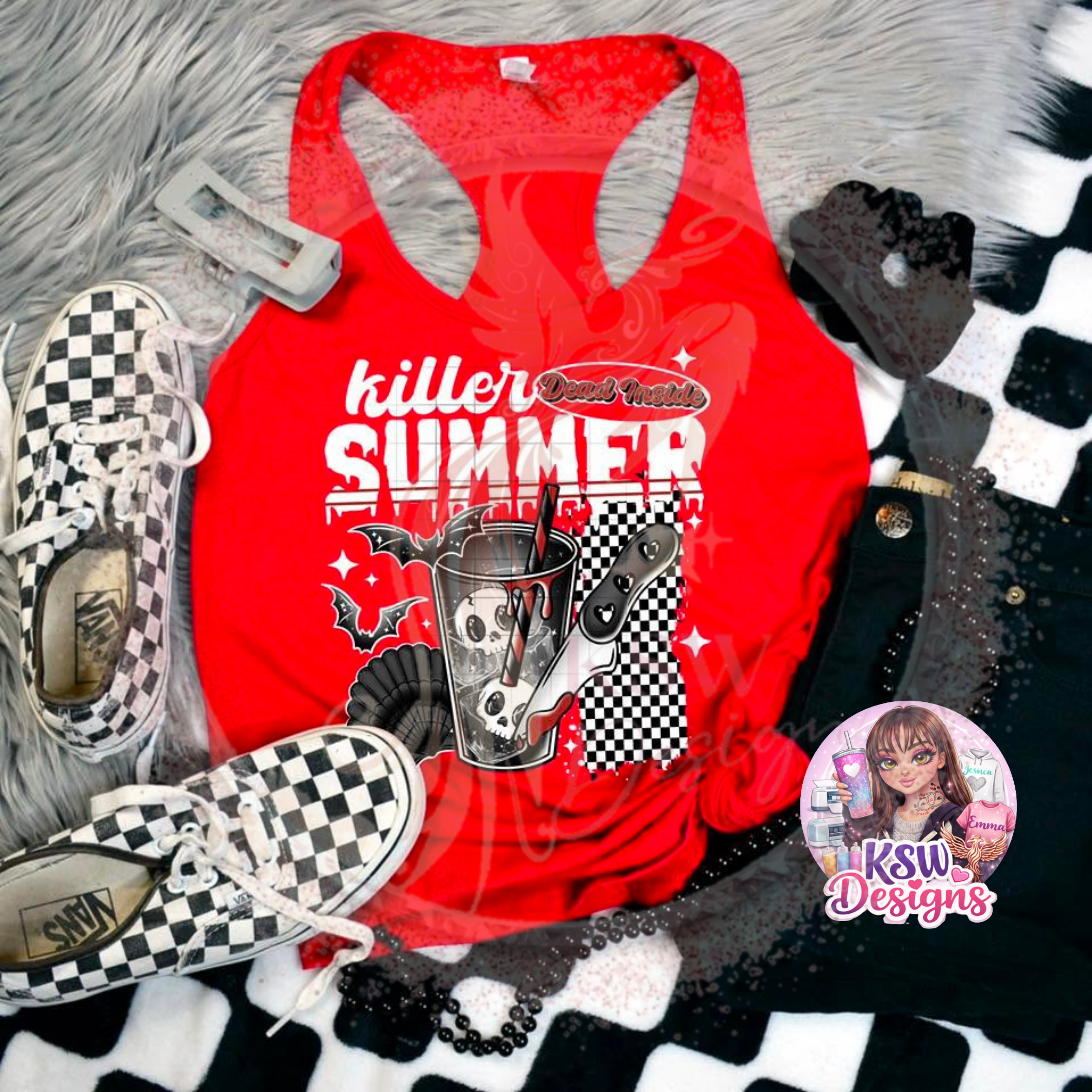 Killer Summer hoodie featuring gothic summer artwork with bats, skull drink, checkerboard pattern and spooky Summerween aesthetic.