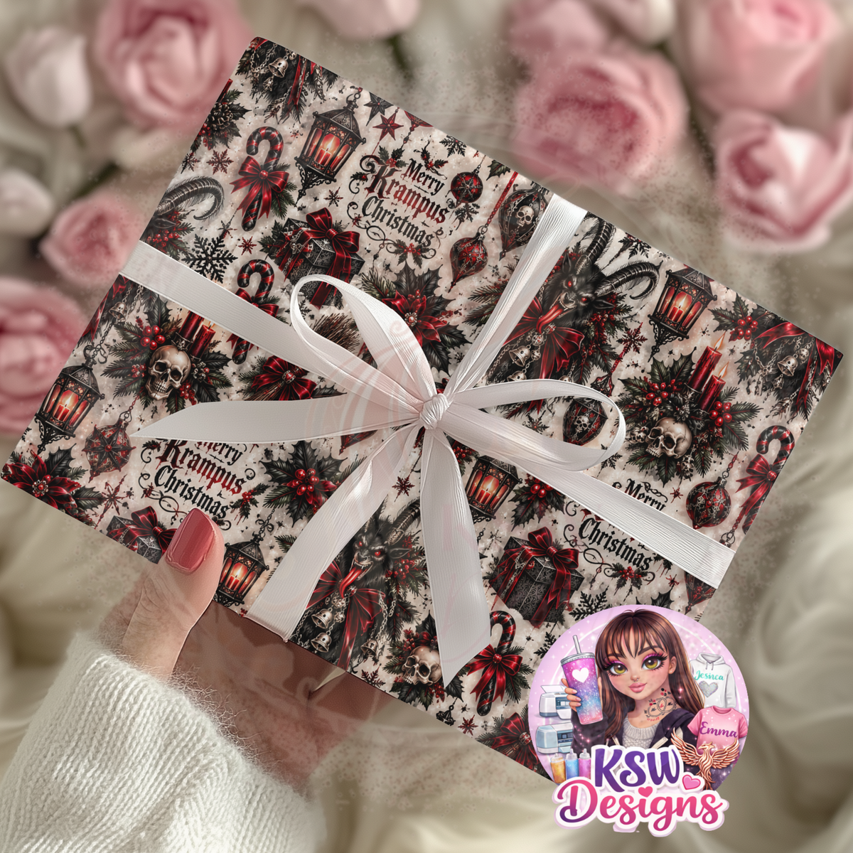 Christmas gift wrapped in gothic Krampus paper featuring horned Krampus faces, skulls, red and black candy canes, lanterns and Merry Krampus Christmas lettering, tied with a white ribbon.