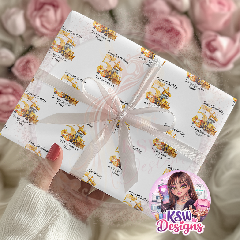 Personalised digger birthday wrapping paper featuring yellow construction vehicles, a large number 5 and custom birthday wording for Connor, shown wrapped around a present with a white ribbon.