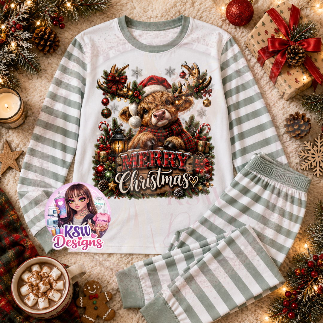 Merry Christmas adult Highland cow Christmas pyjama set featuring a festive cow in Santa hat and tartan scarf with decorated antlers, presents and candy canes shown on sage striped pyjamas