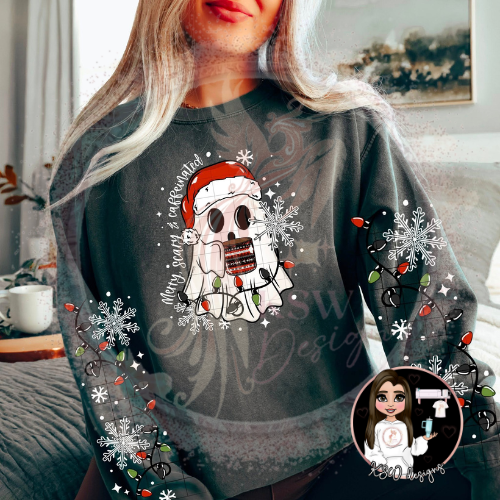 This fun and festive hoodie features an adorable ghost wrapped in twinkling Christmas lights, surrounded by snowflakes, with the cheeky festive phrase “Merry, Scary &amp; Caffeinated.” You can even choose to include the matching lights and snowflakes sleeve design for an extra bit of holiday magic — or keep it classic with just the front print.