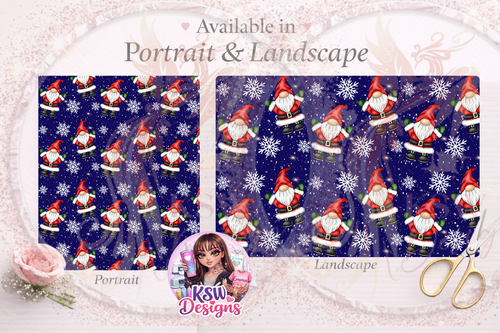 Side-by-side comparison of Midnight Gonk Magic A3 Christmas wrapping paper in portrait and landscape, featuring red Christmas gonks, white snowflakes and stars on a midnight blue background.