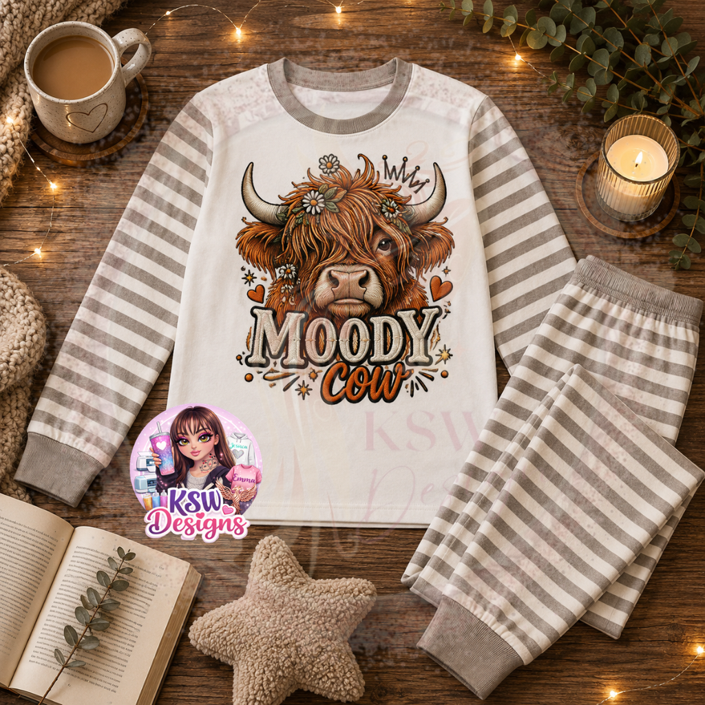Moody Cow adult pyjama set featuring a Highland cow with floral details and crown shown on beige stripe pyjamas