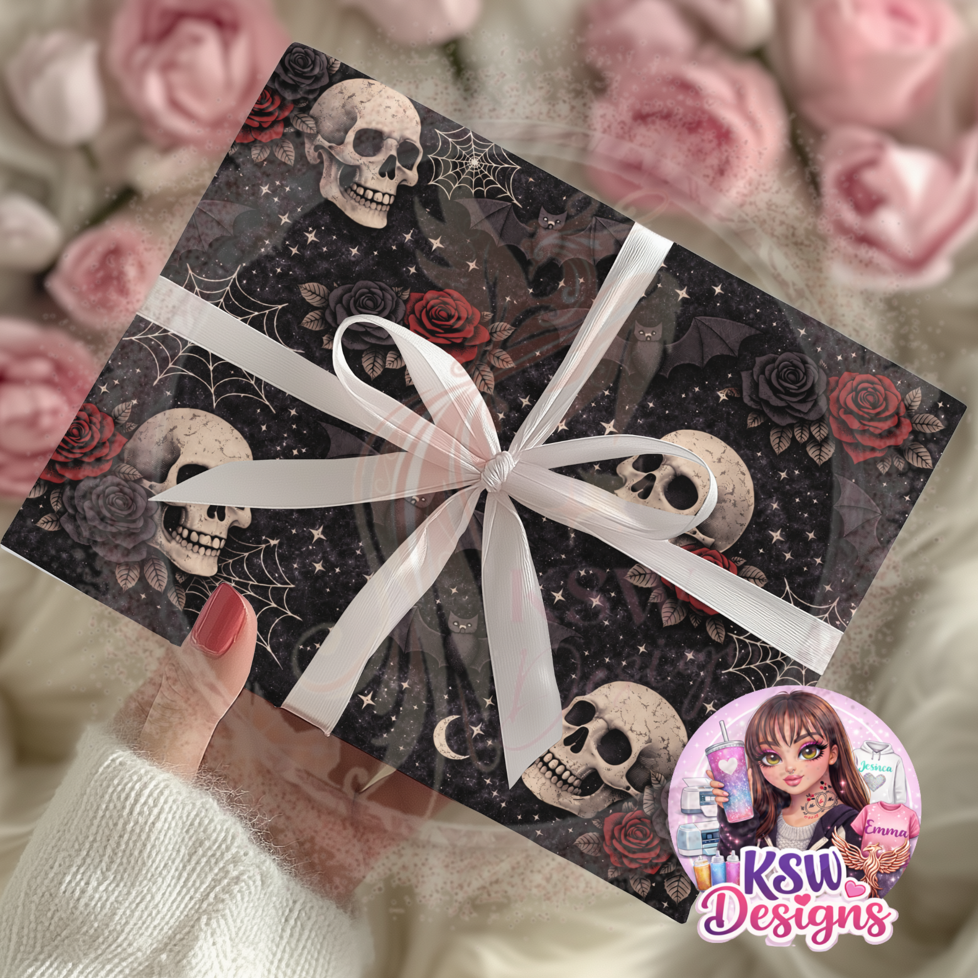 Moonlit Skulls & Roses Wrapping Paper Sheets