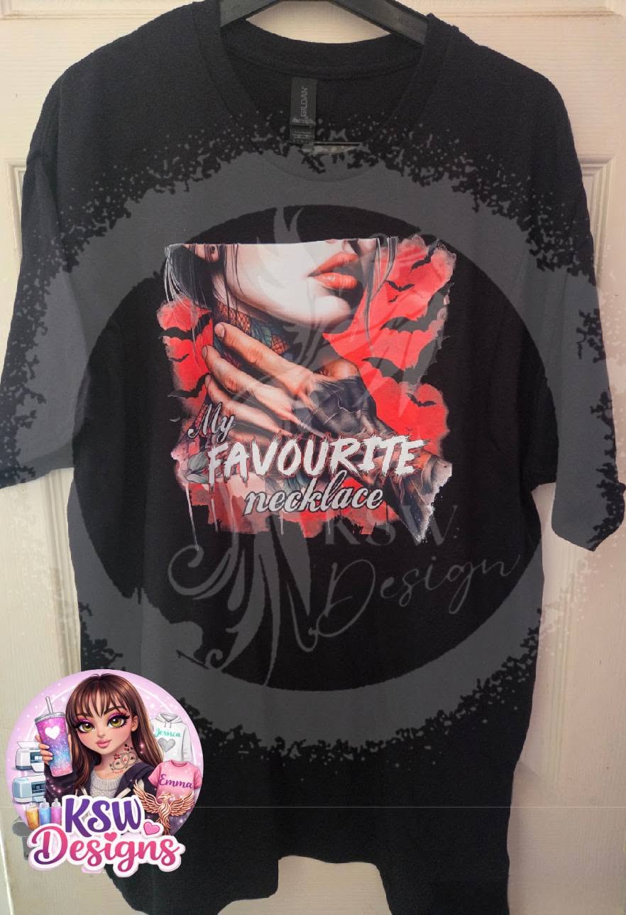 Black hoodie featuring My Favourite Necklace wording with a woman, hand around her neck and red lips against a red background filled with black bats.