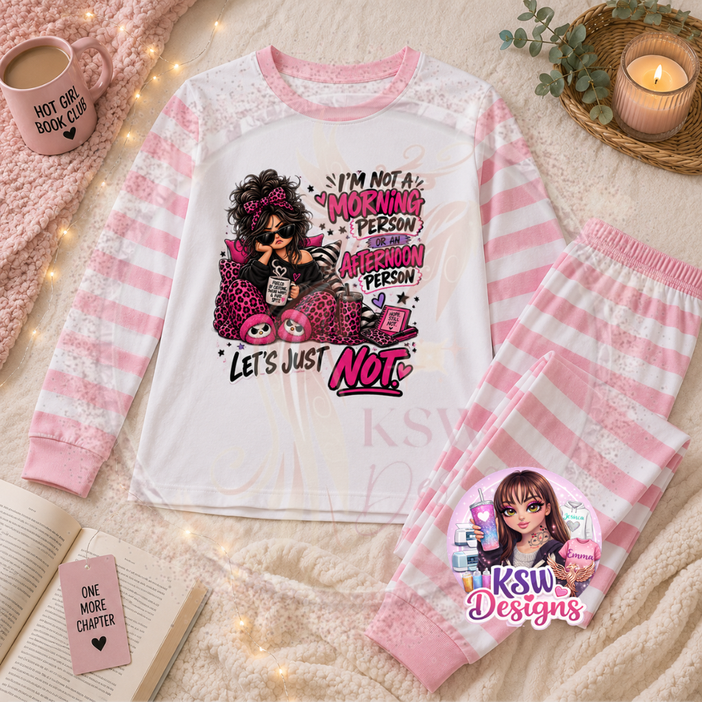I'm Not A Morning Person funny adult pyjama set shown on pink striped pyjamas with matching long sleeve top and bottoms