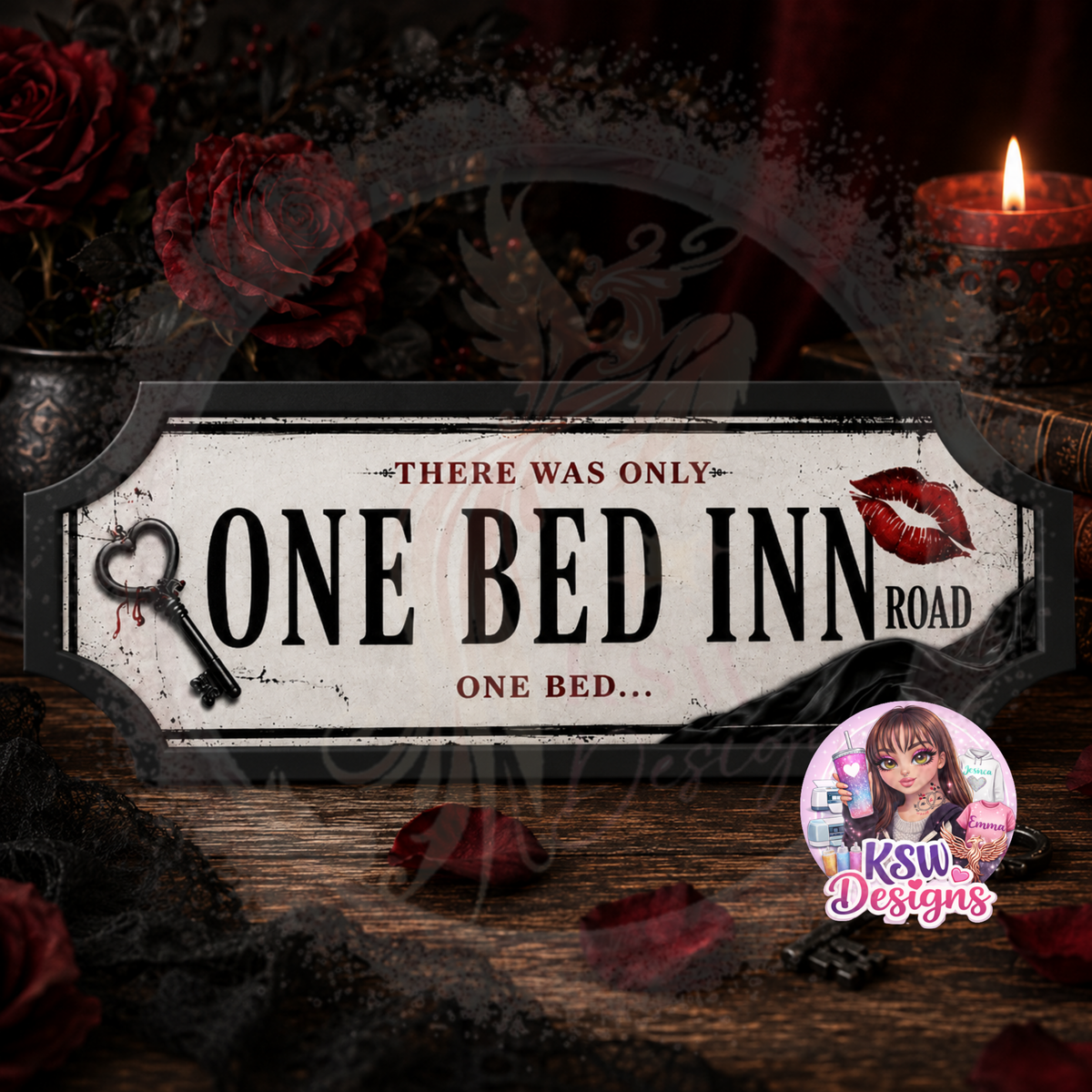 Acrylic shelf sign featuring the phrase "One Bed Inn Road" inspired by the popular romance one bed trope, designed for romance and dark romance readers.