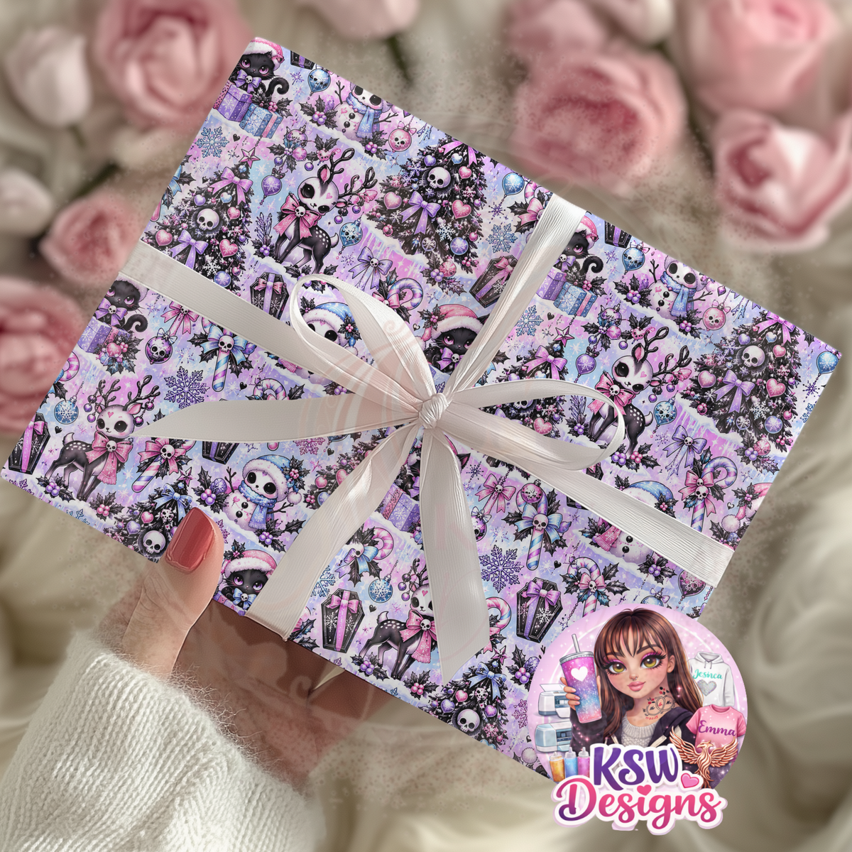 Christmas gift wrapped in pastel gothic paper featuring skull-faced reindeer, black cats in Santa hats, spooky snowmen, purple Christmas trees and pink and blue decorations, tied with a white ribbon.