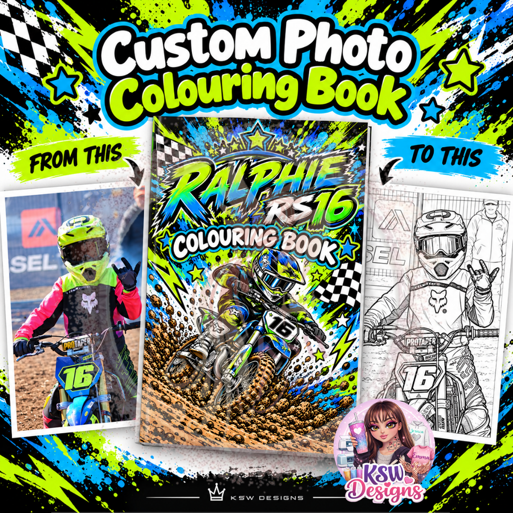 Personalised motocross photo colouring book by KSW Designs, showing Ralphie's original photograph, matching black-and-white colouring page and custom RS16 book cover.