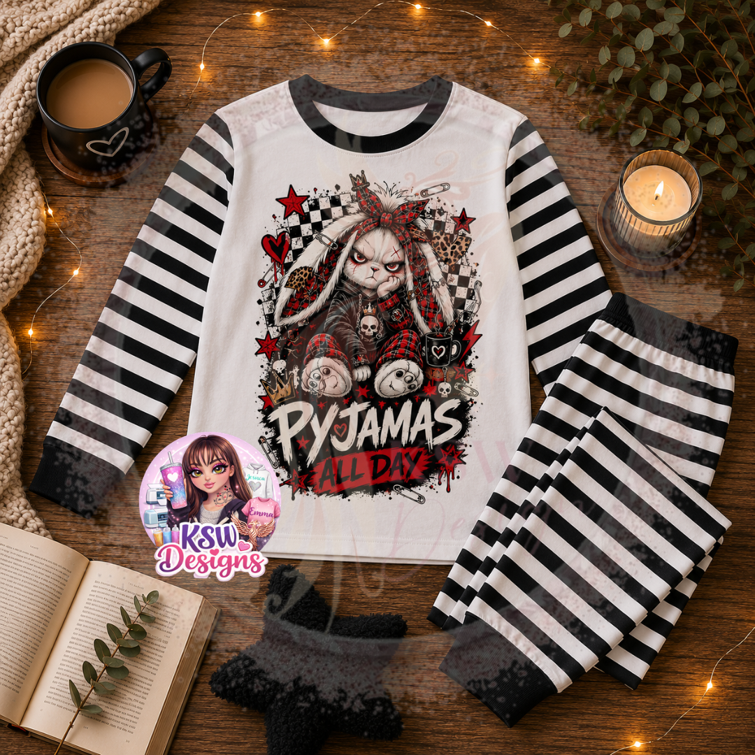 Pyjamas All Day adult pyjama set featuring a grumpy alternative bunny with red and black checkerboard, leopard print, skull and grunge details on black stripe pyjamas