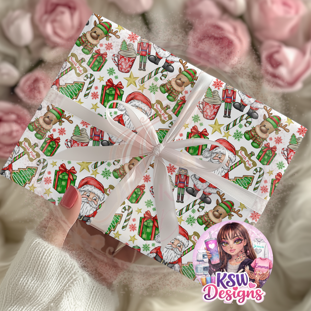 Christmas present wrapped in Santa's Festive Treats A3 wrapping paper featuring Santa Claus, cute reindeer, nutcrackers, candy canes and colourful Christmas decorations, finished with a white ribbon.