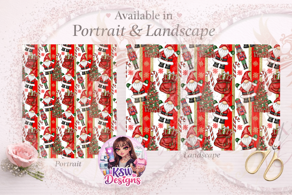 Side-by-side comparison of Santa's Gonk Parade Version 1 Christmas wrapping paper in A3 portrait and landscape, featuring festive gonks, nutcrackers, Christmas trees and red, white and gold stripes.